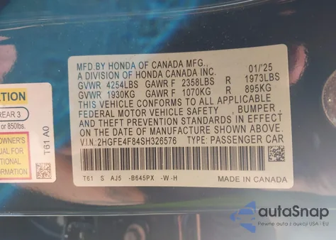 2025 Honda Civic Hybrid Sport/Sport Touring z USA, uszkodzony, nr VIN 2HGFE4F84SH326576